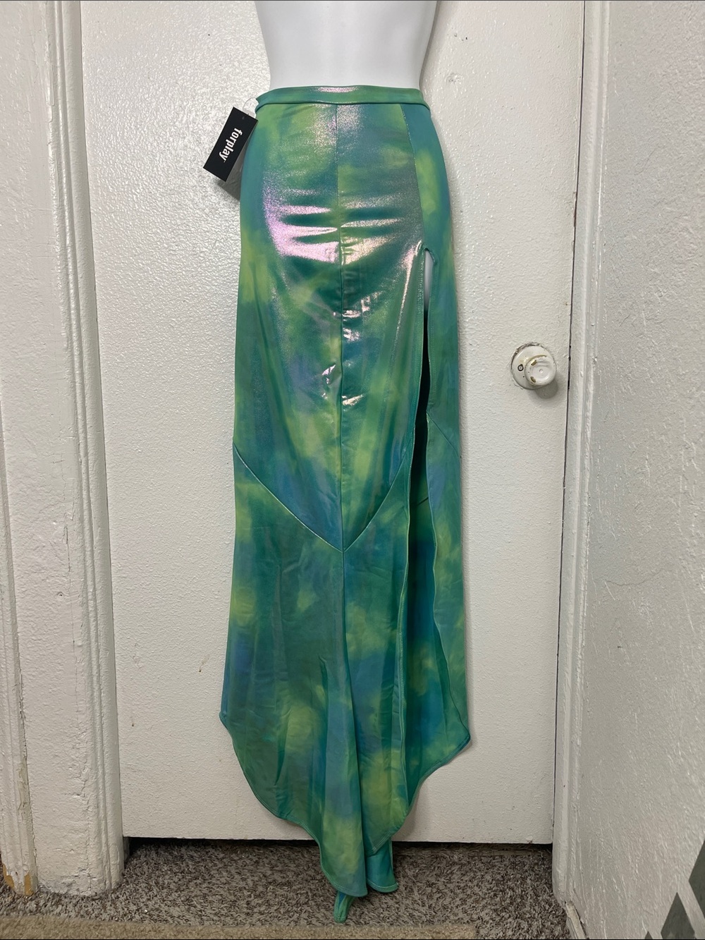NEW- FORPLAY- Green iridescent Tie-Dye Maxi Skirt with Side Slit S/M